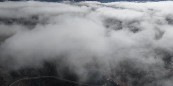 Sis bulutlarıyla kaplanan Obruk Barajı gölü havadan görüntülendi