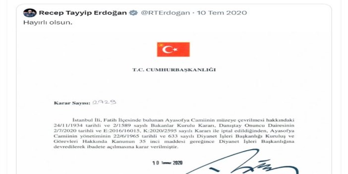 Cumhurbaşkanı Erdoğan: Ayasofya, inşallah ebediyen özgür kalacak