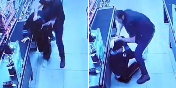 Oğlunu darbettiğini öne sürdüğü market çalışanını yumruklayıp tekmeledi
