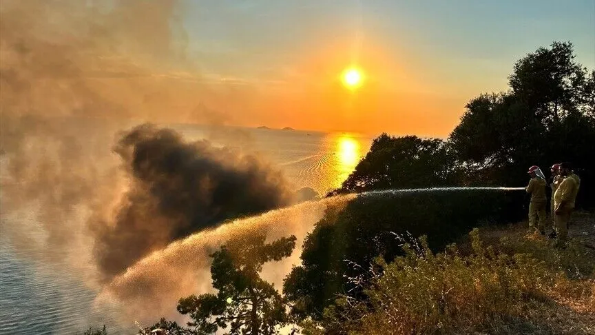Büyükada'da plajdaki restoranda başlayıp ormanlık alana sıçrayan yangına müdahale ediliyor